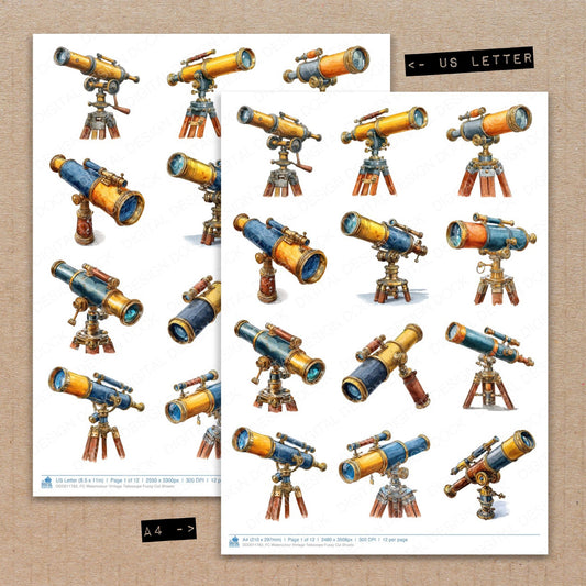 A4 and US Letter format comparison showing Watercolour Vintage Telescope fussy cut pages for print and cut crafting