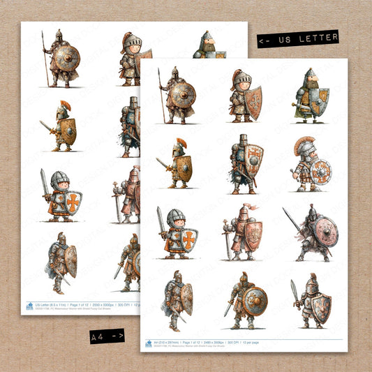 A4 and US Letter format comparison showing Watercolour Warrior with Shield fussy cut pages for print and cut crafting
