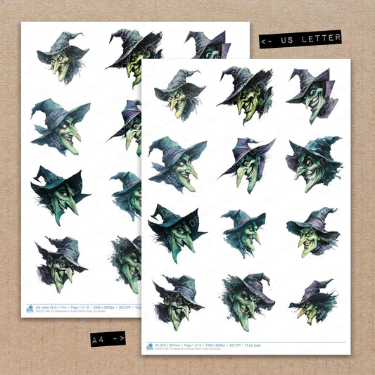 A4 and US Letter format comparison showing Watercolour Wicked Witch fussy cut pages for print and cut crafting