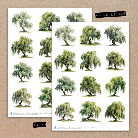 A4 and US Letter format comparison showing Watercolour Willow Tree fussy cut pages for print and cut crafting