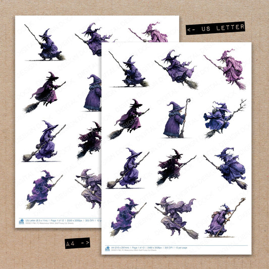 A4 and US Letter format comparison showing Watercolour Witch Staff fussy cut pages for print and cut crafting