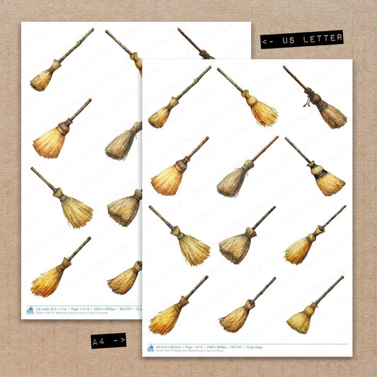 A4 and US Letter format comparison showing Watercolour Witches Broom fussy cut pages for print and cut crafting