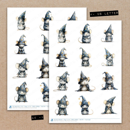 A4 and US Letter format comparison showing Watercolour Wizard Mouse fussy cut pages for print and cut crafting