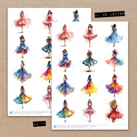 A4 and US Letter format comparison showing Watercolour Woman Colourful Dress fussy cut pages for print and cut crafting