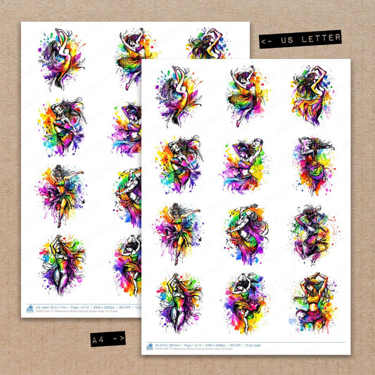 A4 and US Letter format comparison showing Watercolour Woman Dancing Spatter fussy cut pages for print and cut crafting