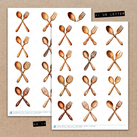 A4 and US Letter format comparison showing Watercolour Wooden Utensils fussy cut pages for print and cut crafting