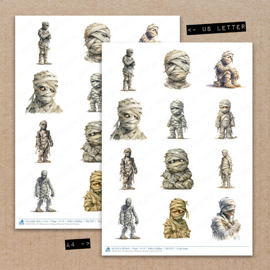 A4 and US Letter format comparison showing Watercolour Wrapped Mummy fussy cut pages for print and cut crafting