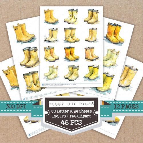 Watercolour Yellow Boots fussy cut printable sheets for junk journaling, scrapbooking, and paper craft projects