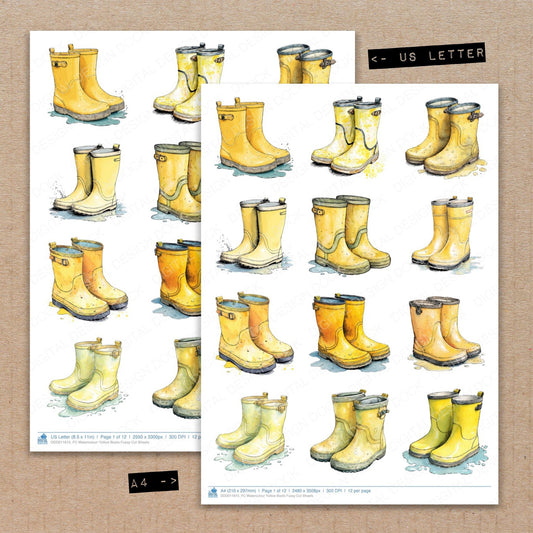 A4 and US Letter format comparison showing Watercolour Yellow Boots fussy cut pages for print and cut crafting