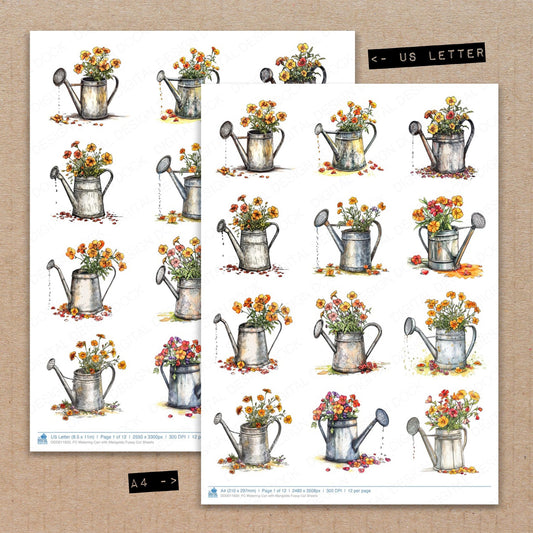 A4 and US Letter format comparison showing Watering Can with Marigolds fussy cut pages for print and cut crafting