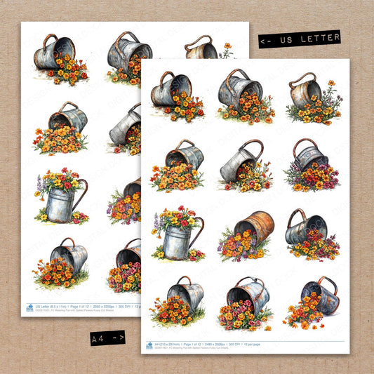 A4 and US Letter format comparison showing Watering Pail with Spilled Flowers fussy cut pages for print and cut crafting