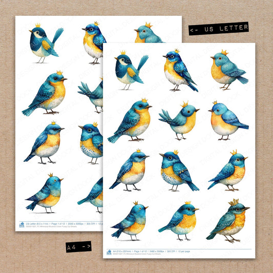 A4 and US Letter format comparison showing Whimsical Bluebird Crown fussy cut pages for print and cut crafting