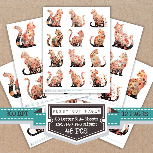 Whimsical Floral Cat fussy cut printable sheets for junk journaling, scrapbooking, and paper craft projects