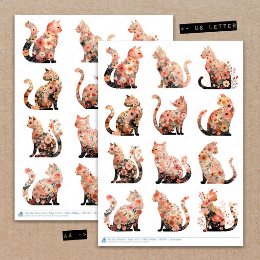 A4 and US Letter format comparison showing Whimsical Floral Cat fussy cut pages for print and cut crafting