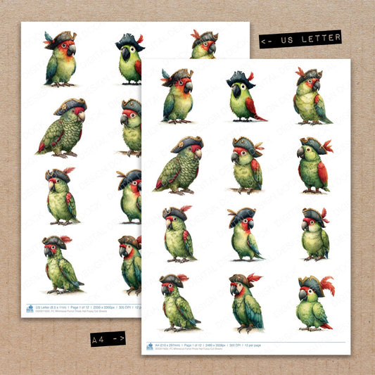A4 and US Letter format comparison showing Whimsical Parrot Pirate Hat fussy cut pages for print and cut crafting