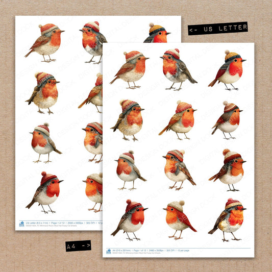 A4 and US Letter format comparison showing Whimsical Robin Wool Hat fussy cut pages for print and cut crafting