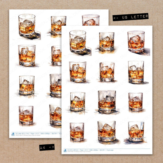 A4 and US Letter format comparison showing Whiskey Glass fussy cut pages for print and cut crafting