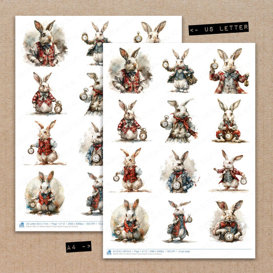 A4 and US Letter format comparison showing White Rabbit Pocket Watch fussy cut pages for print and cut crafting