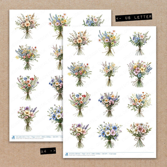 A4 and US Letter format comparison showing Wildflower Bouquet fussy cut pages for print and cut crafting