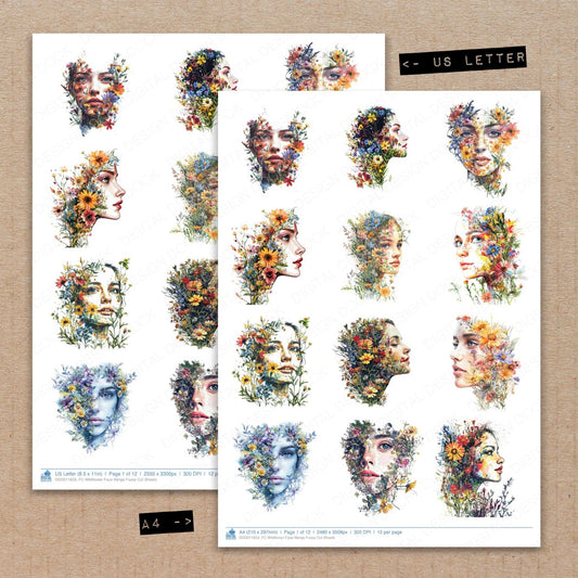 A4 and US Letter format comparison showing Wildflower Face Merge fussy cut pages for print and cut crafting