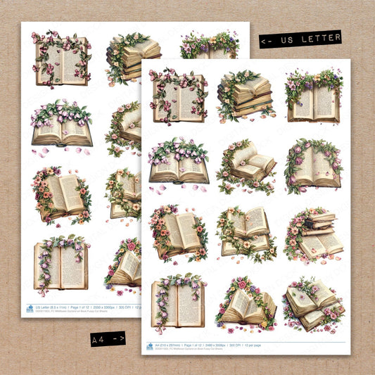 A4 and US Letter format comparison showing Wildflower Garland on Book fussy cut pages for print and cut crafting