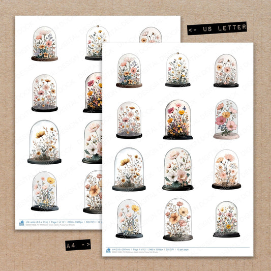 A4 and US Letter format comparison showing Wildflower Glass Cloche fussy cut pages for print and cut crafting