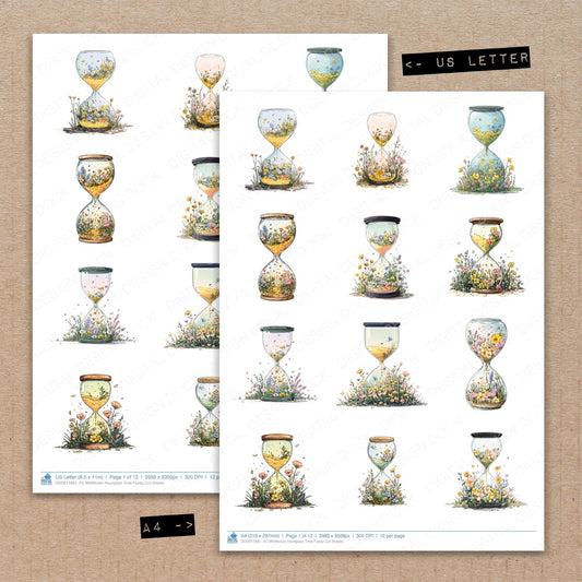 A4 and US Letter format comparison showing Wildflower Hourglass Time fussy cut pages for print and cut crafting