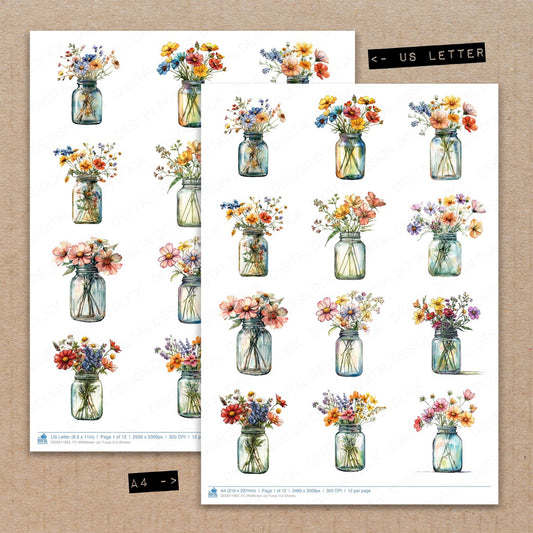 A4 and US Letter format comparison showing Wildflower Jar fussy cut pages for print and cut crafting