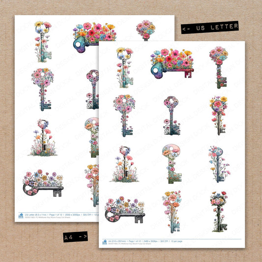 A4 and US Letter format comparison showing Wildflower Key Bloom fussy cut pages for print and cut crafting