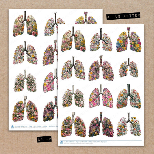A4 and US Letter format comparison showing Wildflower Lungs Breath Bloom fussy cut pages for print and cut crafting