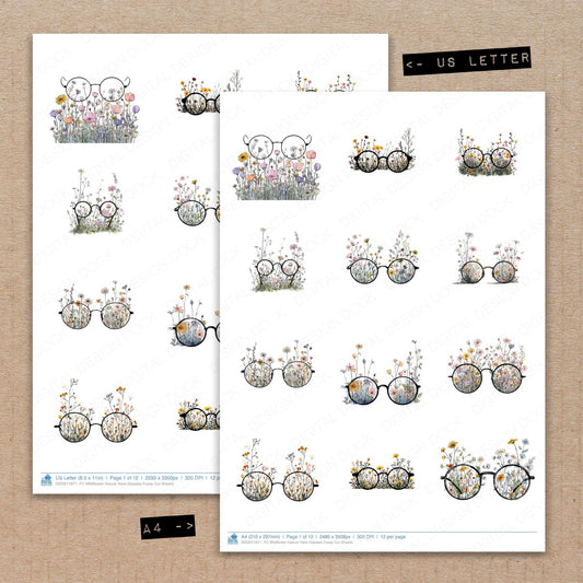 A4 and US Letter format comparison showing Wildflower Nature View Glasses fussy cut pages for print and cut crafting