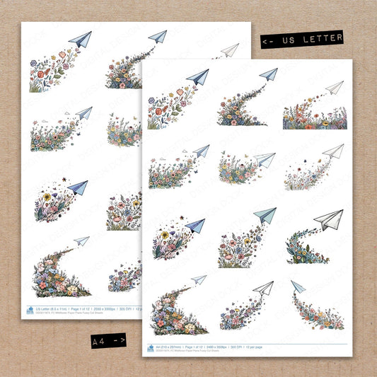 A4 and US Letter format comparison showing Wildflower Plane fussy cut pages for print and cut crafting