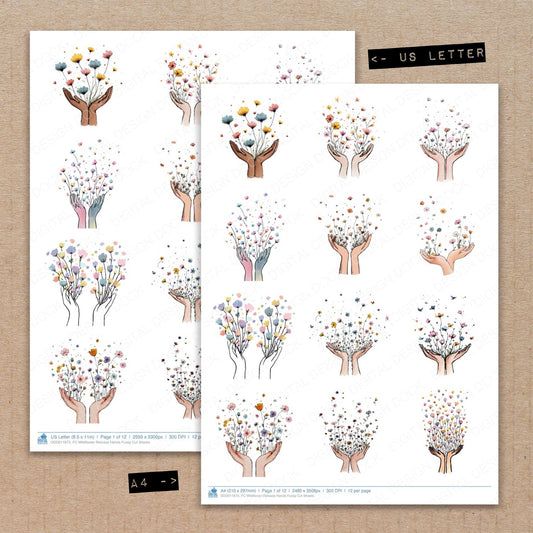 A4 and US Letter format comparison showing Wildflower Release Hands fussy cut pages for print and cut crafting