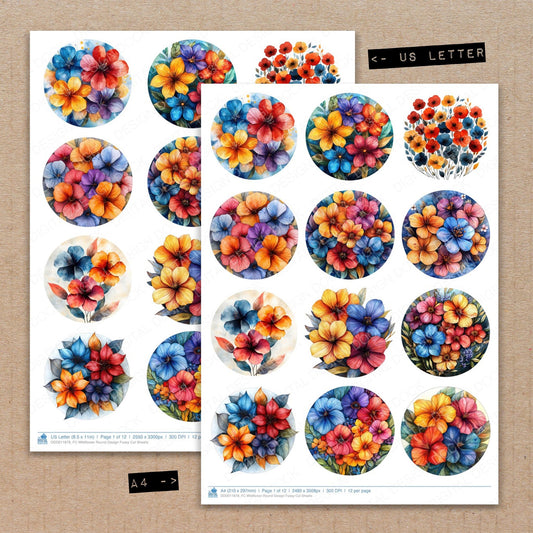 A4 and US Letter format comparison showing Wildflower Round Design fussy cut pages for print and cut crafting