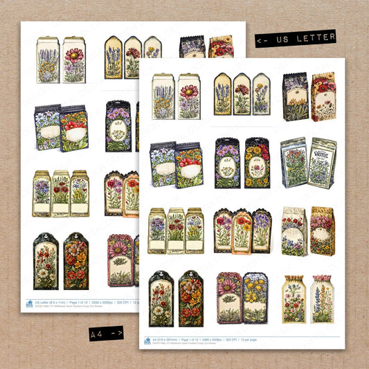 A4 and US Letter format comparison showing Wildflower Seed Packets fussy cut pages for print and cut crafting