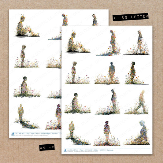 A4 and US Letter format comparison showing Wildflower Shadow Silhouette fussy cut pages for print and cut crafting