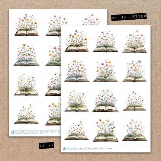 A4 and US Letter format comparison showing Wildflower Story Book fussy cut pages for print and cut crafting
