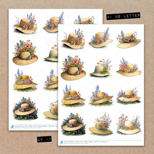 A4 and US Letter format comparison showing Wildflower Straw Hat fussy cut pages for print and cut crafting