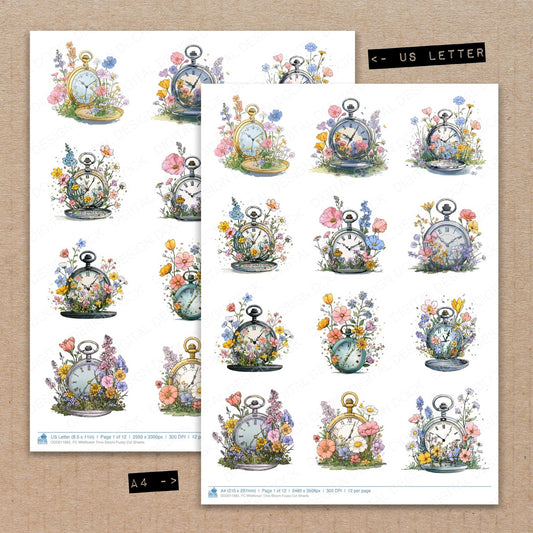 A4 and US Letter format comparison showing Wildflower Time Bloom fussy cut pages for print and cut crafting