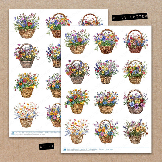 A4 and US Letter format comparison showing Wildflower Wicker Basket fussy cut pages for print and cut crafting