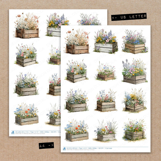 A4 and US Letter format comparison showing Wildflower Wooden Crate fussy cut pages for print and cut crafting
