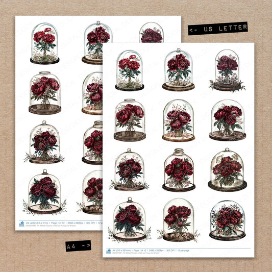 A4 and US Letter format comparison showing Wilted Flowers in Bell Jar fussy cut pages for print and cut crafting