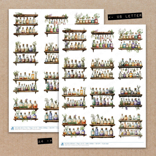 A4 and US Letter format comparison showing Witchs Potion Shelf fussy cut pages for print and cut crafting
