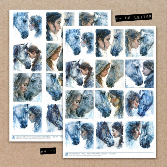 A4 and US Letter format comparison showing Woman and Horse Face to Face fussy cut pages for print and cut crafting