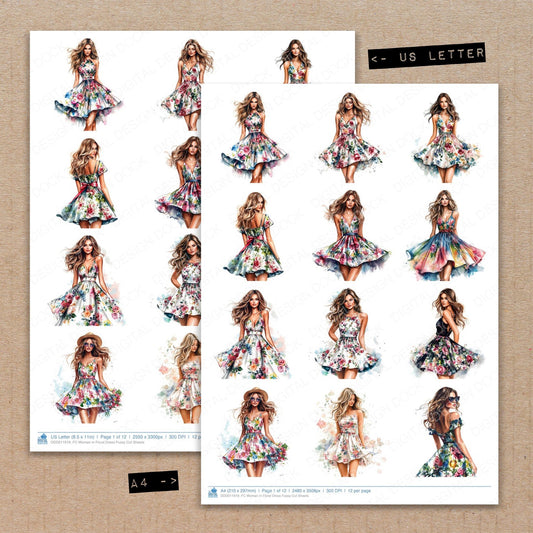 A4 and US Letter format comparison showing Woman in Floral Dress fussy cut pages for print and cut crafting