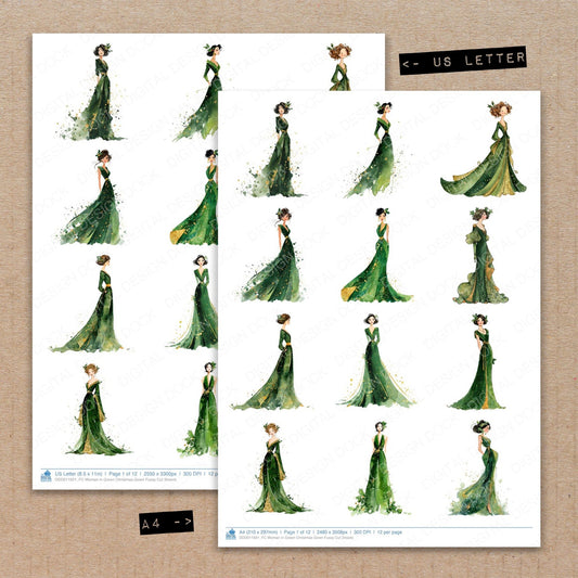 A4 and US Letter format comparison showing Woman in Green Christmas Gown fussy cut pages for print and cut crafting