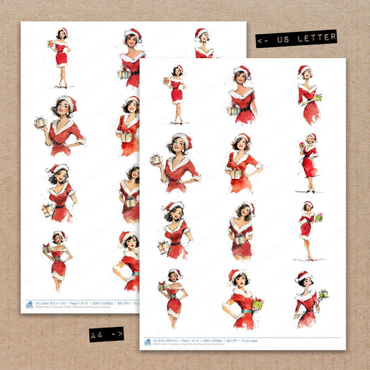 A4 and US Letter format comparison showing Woman in Red Christmas Dress fussy cut pages for print and cut crafting