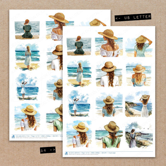 A4 and US Letter format comparison showing Woman Looking out to Sea fussy cut pages for print and cut crafting