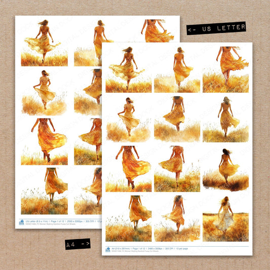 A4 and US Letter format comparison showing Woman Walking Barefoot fussy cut pages for print and cut crafting