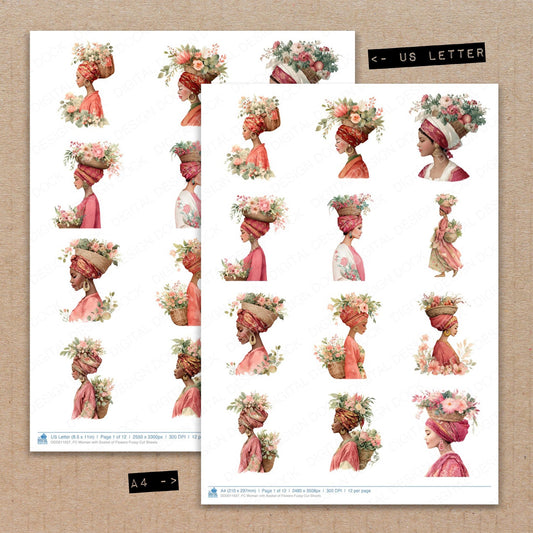 A4 and US Letter format comparison showing Woman with Basket of Flowers fussy cut pages for print and cut crafting